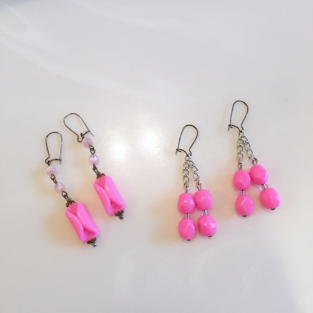 Vintage Hot Pink Dangle Beaded Earrings Set of 2
